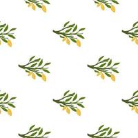 Isolate seamless food pattern with cartoon doodle green leaves and yellow lemons print. White background. vector