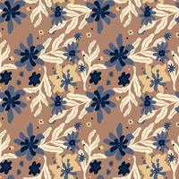 Seamless pattern in pastel tones with navy blue flower shapes on beige background. Botanic backdrop. vector