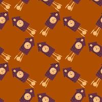 Seamless geometric pattern with purple colored cuckoo clock print. Brick orange colored background. vector