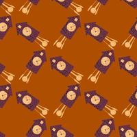 Seamless geometric pattern with purple colored cuckoo clock print. Brick orange colored background. vector