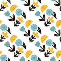 Kids style seamless pattern with yellow rainbows, black leaves and blue flowers. Isolated botanic artwork. vector