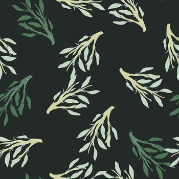 Seamless random pattern with light and green branches silhouettes. Dark grey background. vector