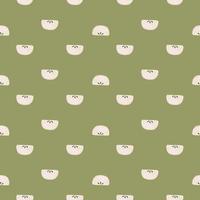 Little doodle apple fruit slices ornament seamless pattern. Green olive background. Light pink elements. vector