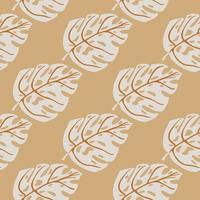 Pastel tones seamless pattern with grey colored monstera shapes. Beige background. Exotic foliage backdrop. vector
