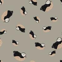 Random seamless pattern with doodle black colored puffin shapes. Grey background. Pale palette artwork. vector