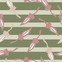 Pale pink leaf contoured silhouettes seamless pattern. Pale tones. Green and grey striped background. vector