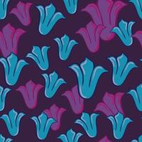 Nature botanic seamless pattern with purple and blue random tulip buds shapes. Dark background. vector