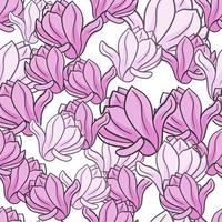 Hand drawn seamless doodle pattern with abstract random pink outline magnolia flowers print. vector