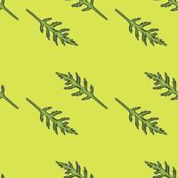 Seamless pattern bunch arugula salad on bright green background. Simple ornament with lettuce. vector