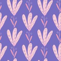 Light pink simple flowers elements seamless pattern in hand drawn style. Purple background. vector