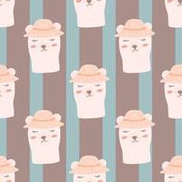 Childish bear with hat seamless pattern in doodle cartoon style. Striped background with blue lines. vector