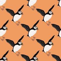 Cartoo seabird seamless pattern with hand drawn puffin birds silhouettes. Pastel orange background. vector