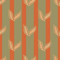 Hand drawn seamless pattern with simple falling leaf elements print. Orange striped background. vector