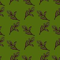 Brown outline leaf branches seamless pattern in hand drawn style. Green background. Simple design. vector