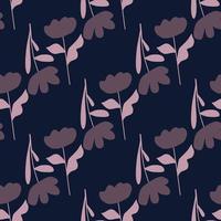 Bloom botanic seamless pattern with lilac abstract flower silhouettes. Navy blue background. Doodle style. vector