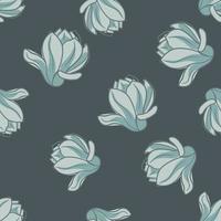 patrón sin costuras de siluetas de flores de magnolia azul al azar. fondo gris estilo simple. vector