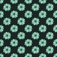 Contrast dark seamless pattern with bright turquoise anemone buds flower shapes. Black background. vector