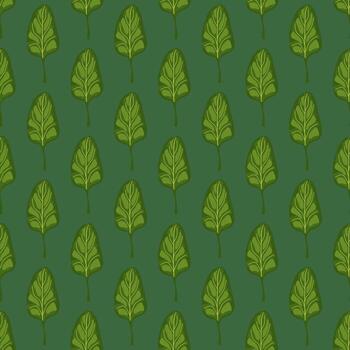 Seamless pattern Spinach salad on teal background. Minimalistic ornament with lettuce. vector