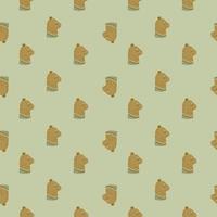 Abstract zoo seamless pattern with hand drawn brown little bear silhouettes. Pale green background. vector