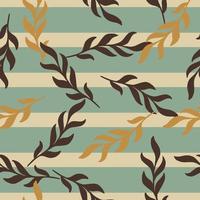 Random doodle beige and brown leaf branch ornament seamless pattern. Blue and beige striped background. vector