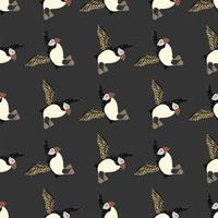 Decorative seamless pattern with hand drawn puffin bird silhouettes. Dark grey background. Simple design. vector