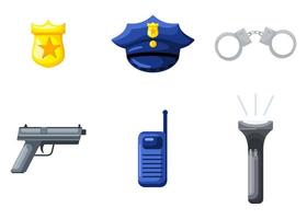 coloque a la policía en estilo plano sobre fondo blanco. elementos detectivescos walkie-talkie, esposas, placa, gorra, linterna, pistola.