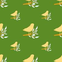 Vintage fauna seamless pattern with hand drawn yellow birds on branches ornament. Green background. vector