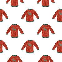 Seamless isolated doodle patttern with bright red sweater ornament on white background. vector
