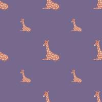 Minimalistic style zoo seamless pattern with beige colored doodle giraffe print. Purple background. vector
