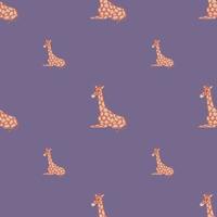 Minimalistic style zoo seamless pattern with beige colored doodle giraffe print. Purple background. vector