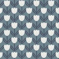 Abstract style seamless pattern in doodle style with white tulip shapes. Navy blue pale background. vector