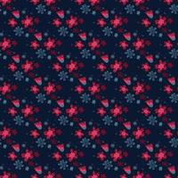 Abstract doodle folk seamless pattern with flowers pink shapes on navy blue background. vector