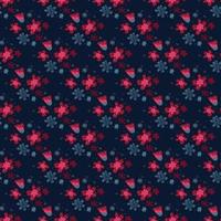 Abstract doodle folk seamless pattern with flowers pink shapes on navy blue background. vector