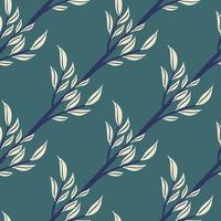 Nature floral seamless pattern with light contoured leaves branches print. Blue pastel background. vector