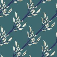 Nature floral seamless pattern with light contoured leaves branches print. Blue pastel background. vector