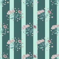 Doodle seamless cartoon pattern with pink pale flowers elements. Turquoise striped background. vector