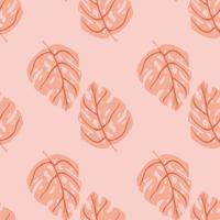 Hand drawn seamless pattern with doodle monstera print. Pink palette artwork. Summer hawaii print. vector