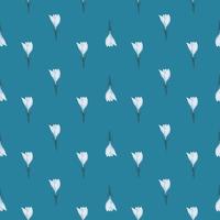 Ditsy seamless doodle pattern with light little crocus flower shapes. Turquoise background. Simple style. vector
