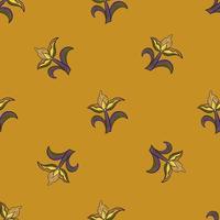 Minimalistic style seamless pattern with purple and yellow contoured tulip flowers print. Orange background. vector