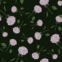 Dark floral seamless pattern with hydranges flower pink random silhouettes. Black background. vector