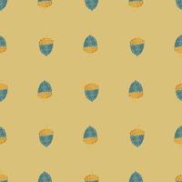 Decorative seamless doodle pattern with nature acorn blue shapes. Yellow pale background. vector