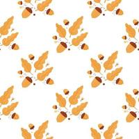 Autumn ornament seamless isolated pattern with orange fall leaves and acorns. White background. vector