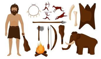 conjunto neandertal. diferentes herramientas para martillo, hacha, lanza, arco, flecha, palo, collar, hueso, fogata, animal, mamut. vector