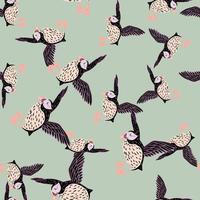 Ornithology seamless pattern with pale random puffin bird elements. Light blue background. Simple design. vector