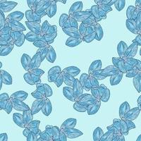 Scrapbook seamless pattern with random blue outline orchid flowers elements. Light background. vector