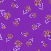 Random seamless field pattern with orange dandelion doodle print. Purple background. Natural style. vector