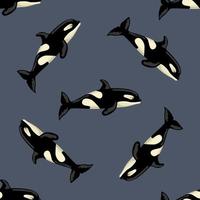 Seamless pattern Orca on dark background. Template of cartoon character of ocean for children. vector