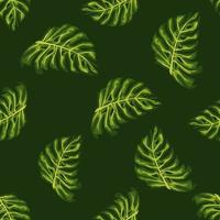 Exotic palm foliage seamless pattern with random green monstera leaf shapes. Black background. vector