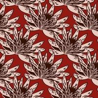 Seamless pattern with hand drawing lotus on red background. Vector big floral template in doodle style. Gentle summer botanical texture.