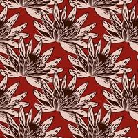 Seamless pattern with hand drawing lotus on red background. Vector big floral template in doodle style. Gentle summer botanical texture.